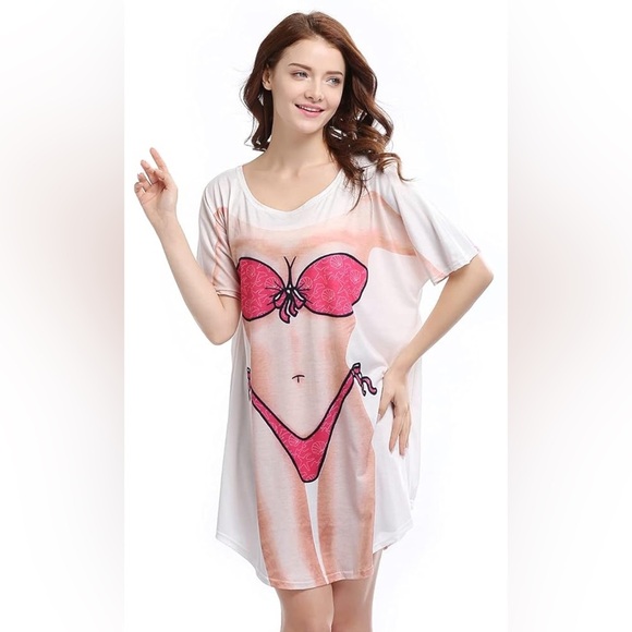 Novelty Seashell Pink Bikini Print Beach Short Sleeve Cover Up Oversized Tee - Picture 1 of 11